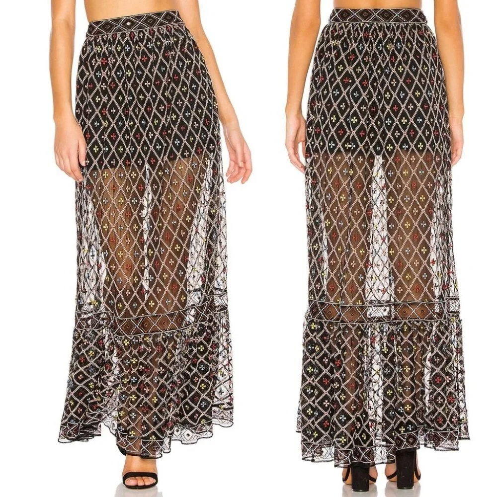 NWT TULAROSA Lexi Beaded Embroidered Black Sheer Maxi Skirt‎ Sz XXS - Picture 3 of 15